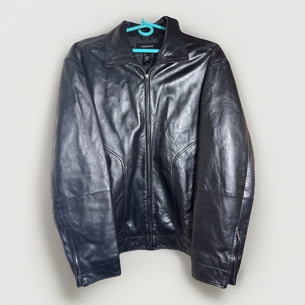Claiborne Black Leather Zip Jacket Men's Large Point Collar Mid-Length